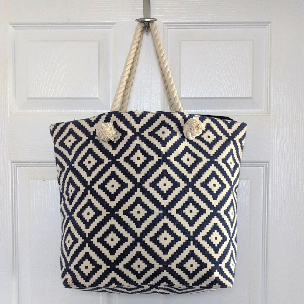 Summer Rose New Navy and Cream Geometric Tote Bag